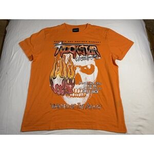 Rockstar Original Men's XXL Orange Graphic T-Shirt Double Sided Skull Flame